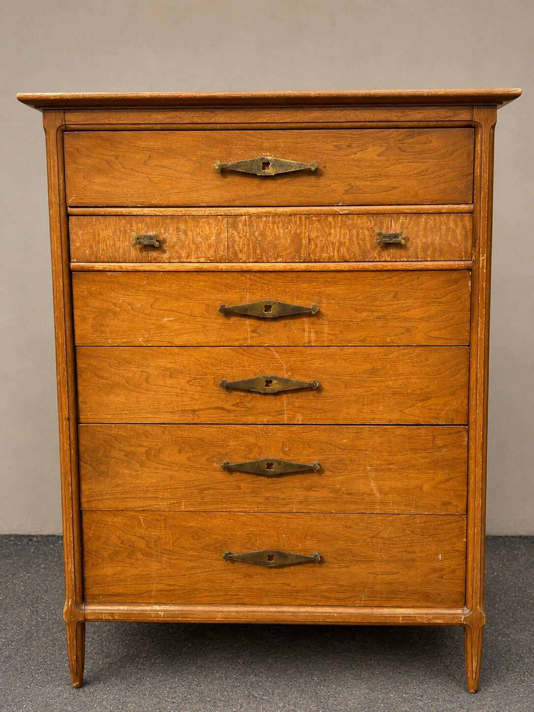 Next Piece of Furniture, 6 drawer MCM tall boy with brass pulls and knobs